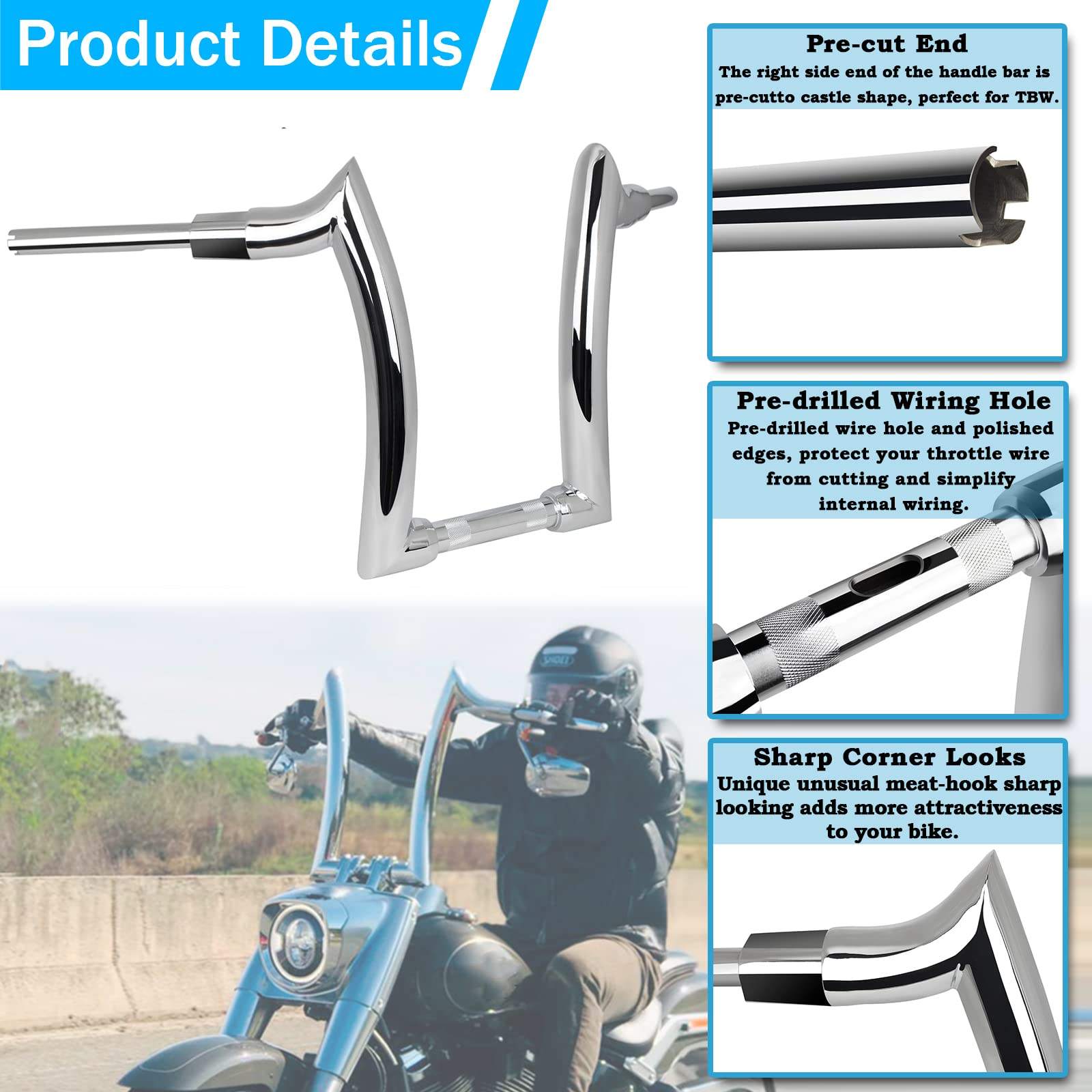 14'' 16'' Rise 2" Ape Hanger Handlebar Aluminum Fits for Softail Fat Boy Harley Handlebar Thickened ram Horn Modification