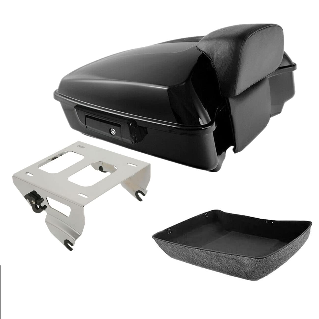 TCMT 10.7" Black Latches Chopped Motorcycle Trunk Backrest Pad Smoke LED Tail Light Fit For Harley 2014-2025 Street Glide Road King Electra Glide Ultra-Classic Pack