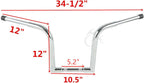 TCMT 12" Rise Ape Hanger Bar, 1-1/4" Fat Handlebar, Fits Harley FLST FXST Sportster XL, Chrome Steel, 34.5" Wide