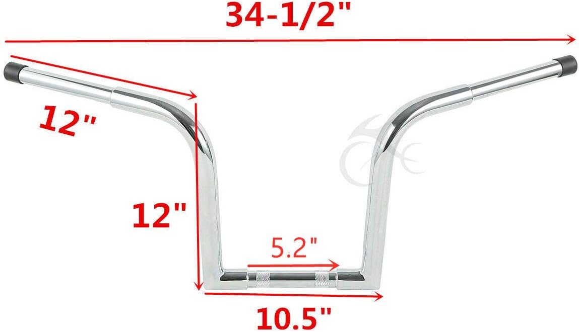 TCMT 12" Rise Ape Hanger Bar, 1-1/4" Fat Handlebar, Fits Harley FLST FXST Sportster XL, Chrome Steel, 34.5" Wide