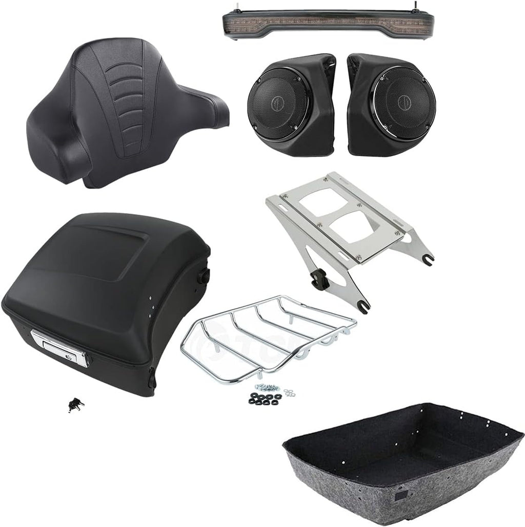 TCMT 13.7" King Motorcycle Trunk Box Backrest Pad Luggage Rack 2 Up Mount Rack Taillight Speakers Fit for Harley 2014-2025 Touring Road King Street Glide Electra Glide Ultra Limited Pack
