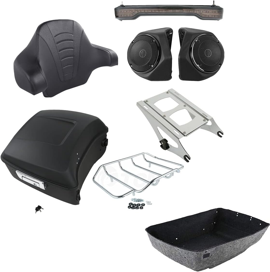 TCMT 13.7" King Motorcycle Trunk Box Backrest Pad Luggage Rack 2 Up Mount Rack Taillight Speakers Fit for Harley 2014-2025 Touring Road King Street Glide Electra Glide Ultra Limited Pack