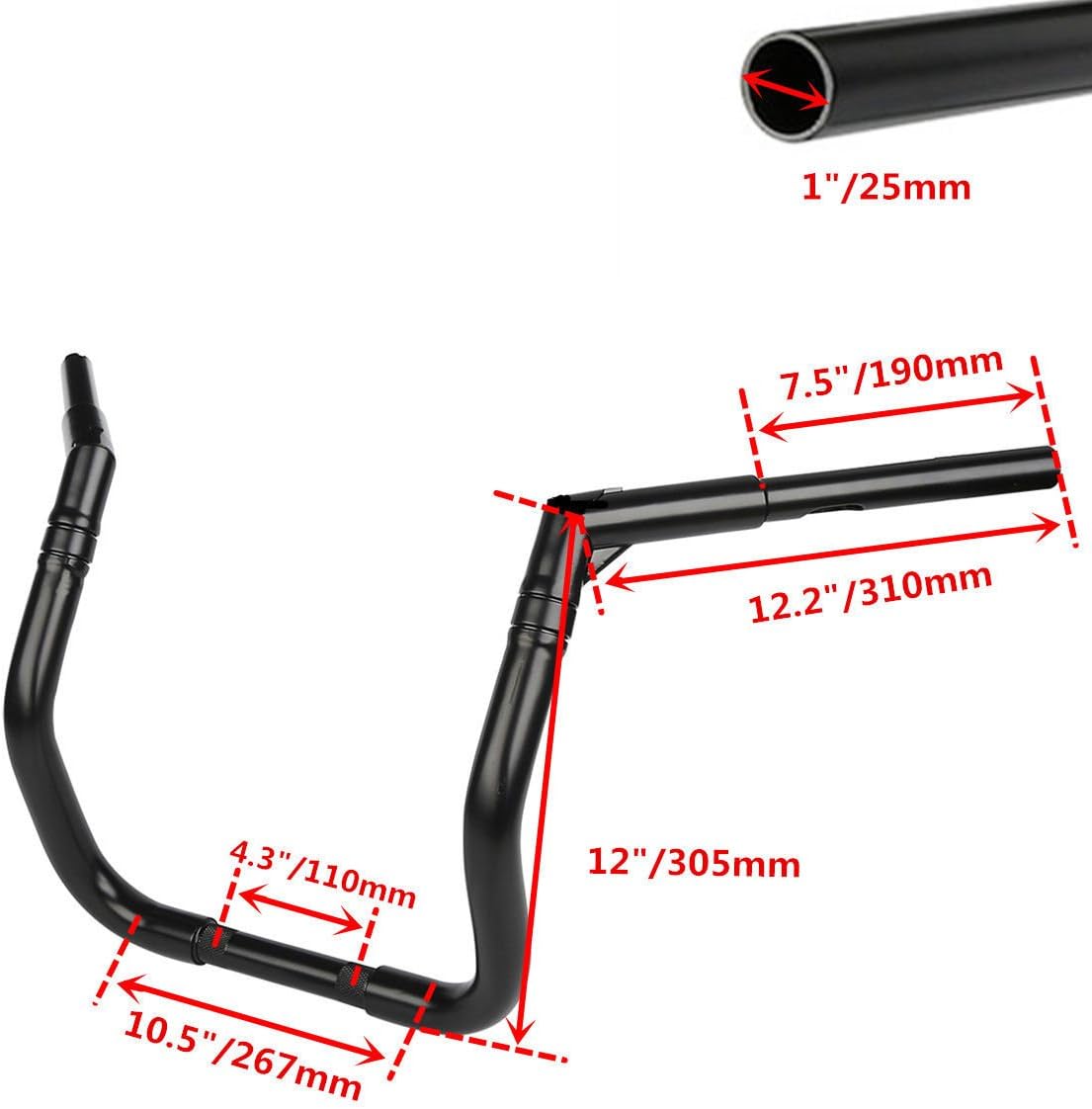 TCMT 12" Rise 1" Handlebar w/Removable Plug Fits For Harley Ultra Limited FLHTK 2014-2023