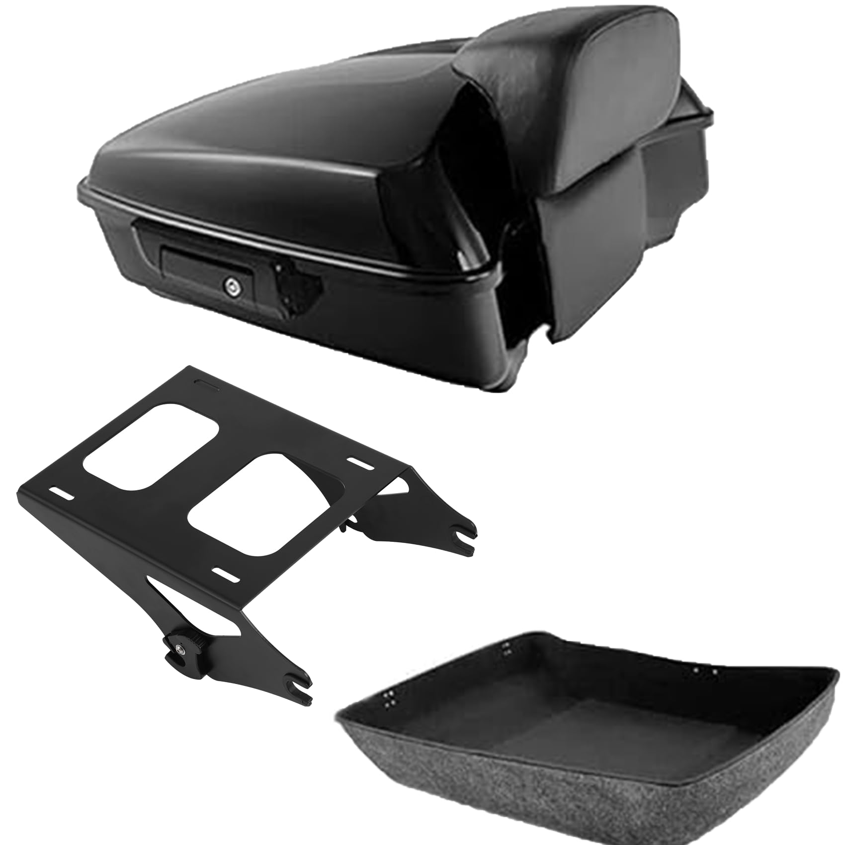 TCMT 10.7" Black Latches Chopped Motorcycle Trunk Backrest Pad Smoke LED Tail Light Fit For Harley 2014-2025 Street Glide Road King Electra Glide Ultra-Classic Pack