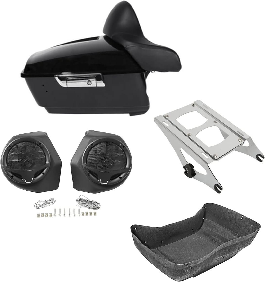 TCMT 13.7" King Motorcycle Trunk Box Wrap-Around Backrest Rear Speakers 2 Up Mounting Rack Fit For Harley 2014-2025 Touring CVO Road King Road Glide Street Glide Electra Glide Pack Trunk