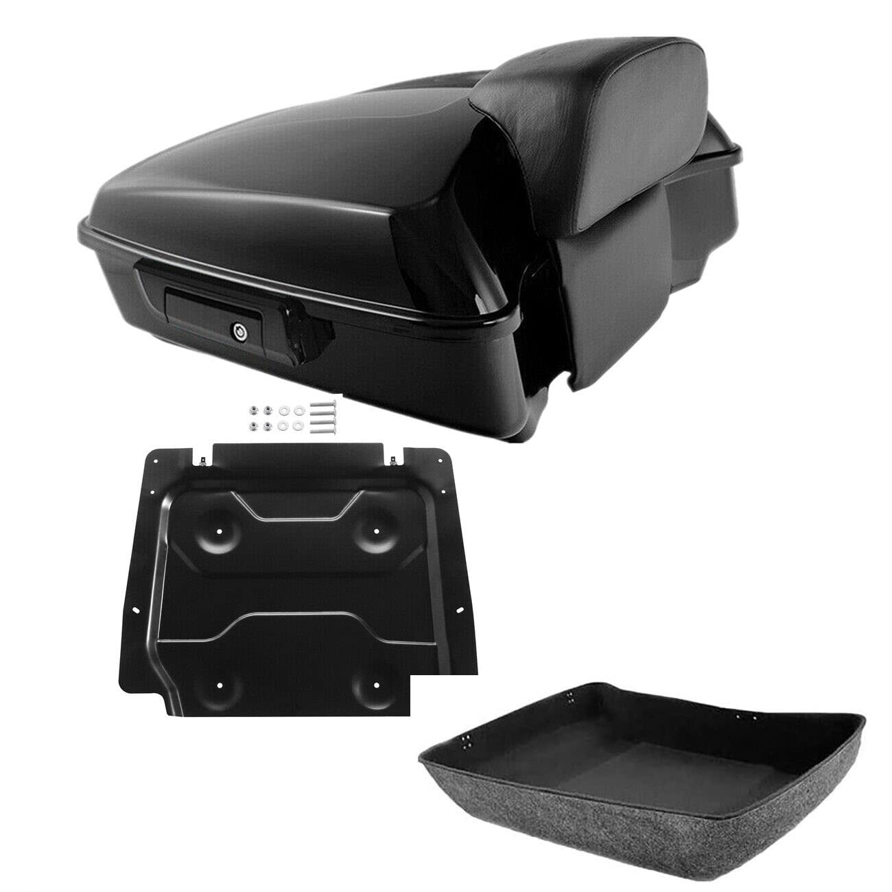 TCMT 10.7" Black Latches Chopped Motorcycle Trunk Backrest Pad Smoke LED Tail Light Fit For Harley 2014-2025 Street Glide Road King Electra Glide Ultra-Classic Pack
