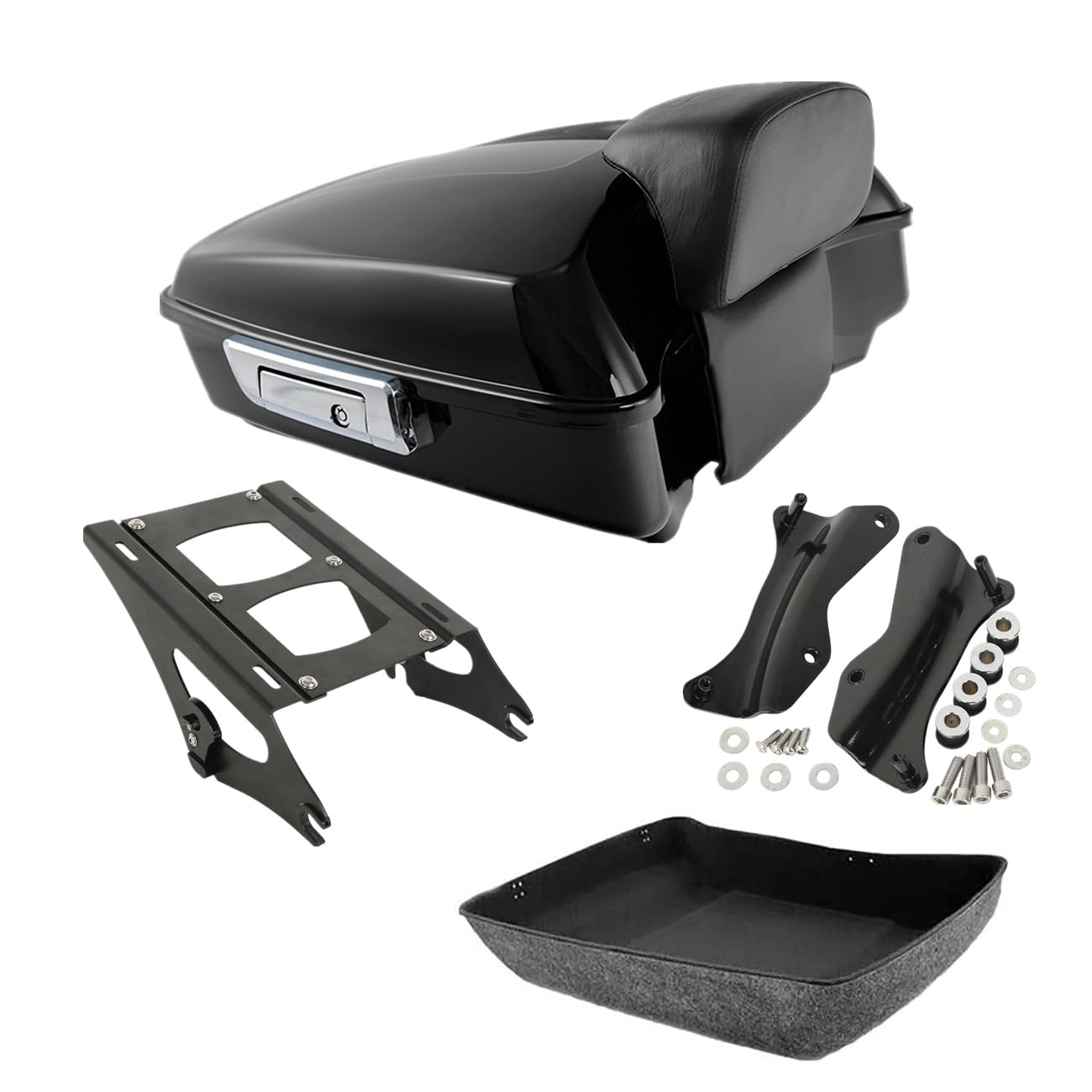 TCMT 10.7" Black Latches Chopped Motorcycle Trunk Backrest Pad Smoke LED Tail Light Fit For Harley 2014-2025 Street Glide Road King Electra Glide Ultra-Classic Pack