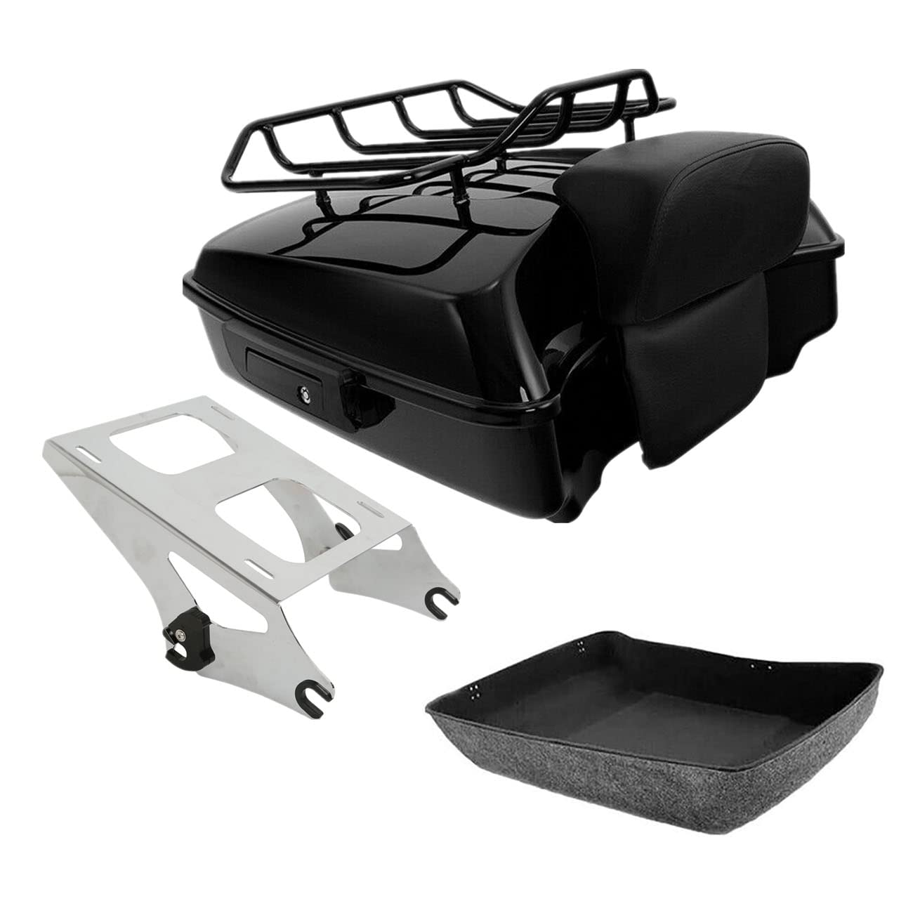 TCMT 10.7" Black Latches Chopped Motorcycle Trunk Backrest Pad Smoke LED Tail Light Fit For Harley 2014-2025 Street Glide Road King Electra Glide Ultra-Classic Pack