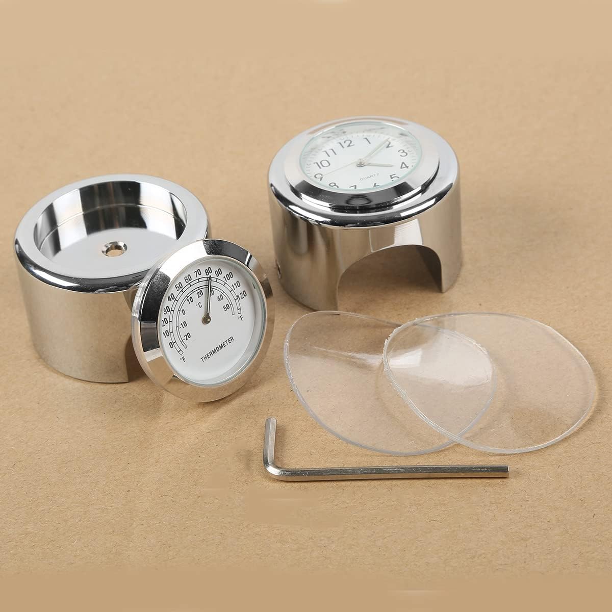 TCMT 7/8" 1" Motorcycle Handlebar Chrome White Dial Clock + White Temp Thermometer Waterproof Fits For Kawasaki VN Cruiser