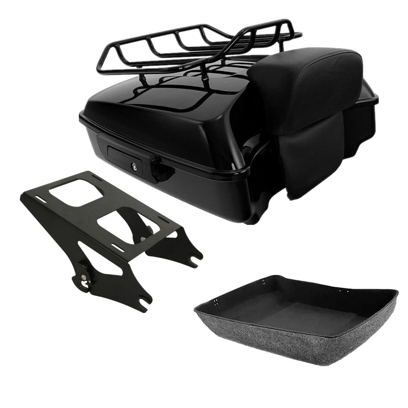 TCMT 10.7" Black Latches Chopped Motorcycle Trunk Backrest Pad Smoke LED Tail Light Fit For Harley 2014-2025 Street Glide Road King Electra Glide Ultra-Classic Pack