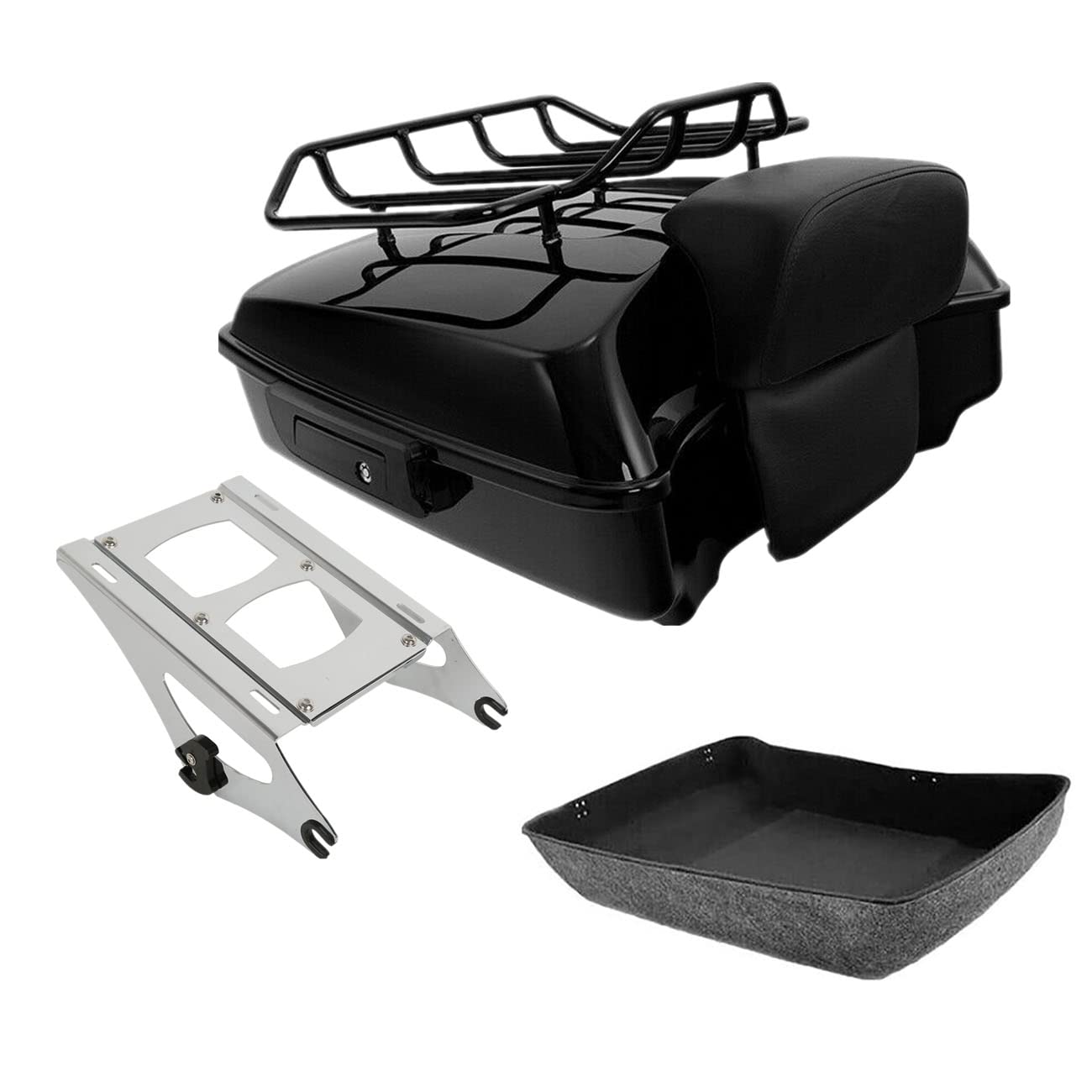TCMT 10.7" Black Latches Chopped Motorcycle Trunk Backrest Pad Smoke LED Tail Light Fit For Harley 2014-2025 Street Glide Road King Electra Glide Ultra-Classic Pack