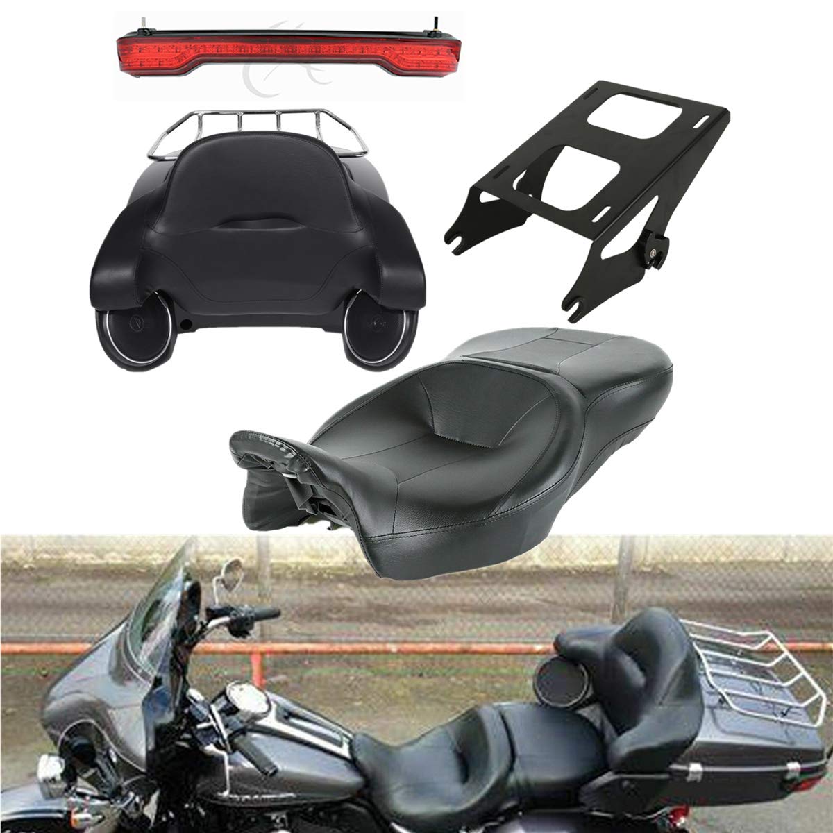 TCMT 13.7" King Motorcycle Trunk Box Wrap-Around Backrest Rear Speakers 2 Up Mounting Rack Fit For Harley 2014-2025 Touring CVO Road King Road Glide Street Glide Electra Glide Pack