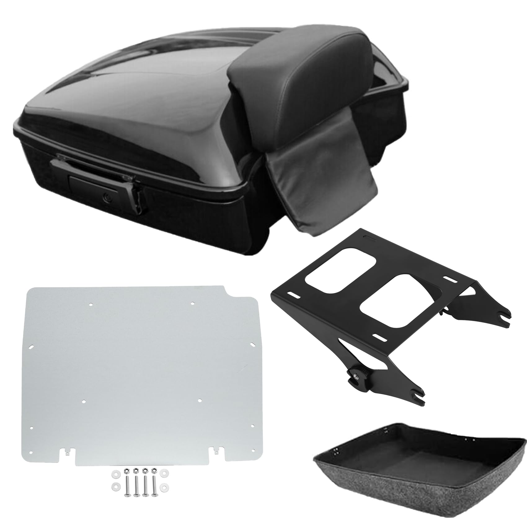TCMT 10.7" Black Latches Chopped Motorcycle Trunk Backrest Pad Smoke LED Tail Light Fit For Harley 2014-2025 Street Glide Road King Electra Glide Ultra-Classic Pack
