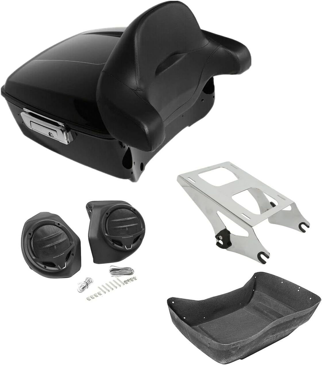 TCMT 13.7" King Motorcycle Trunk Box Wrap-Around Backrest 2 Up Mount Rack Rear Speakers Fit For Harley 2014-2025 Touring CVO Road King Road Glide Street Glide Electra Glide Pack Trunk