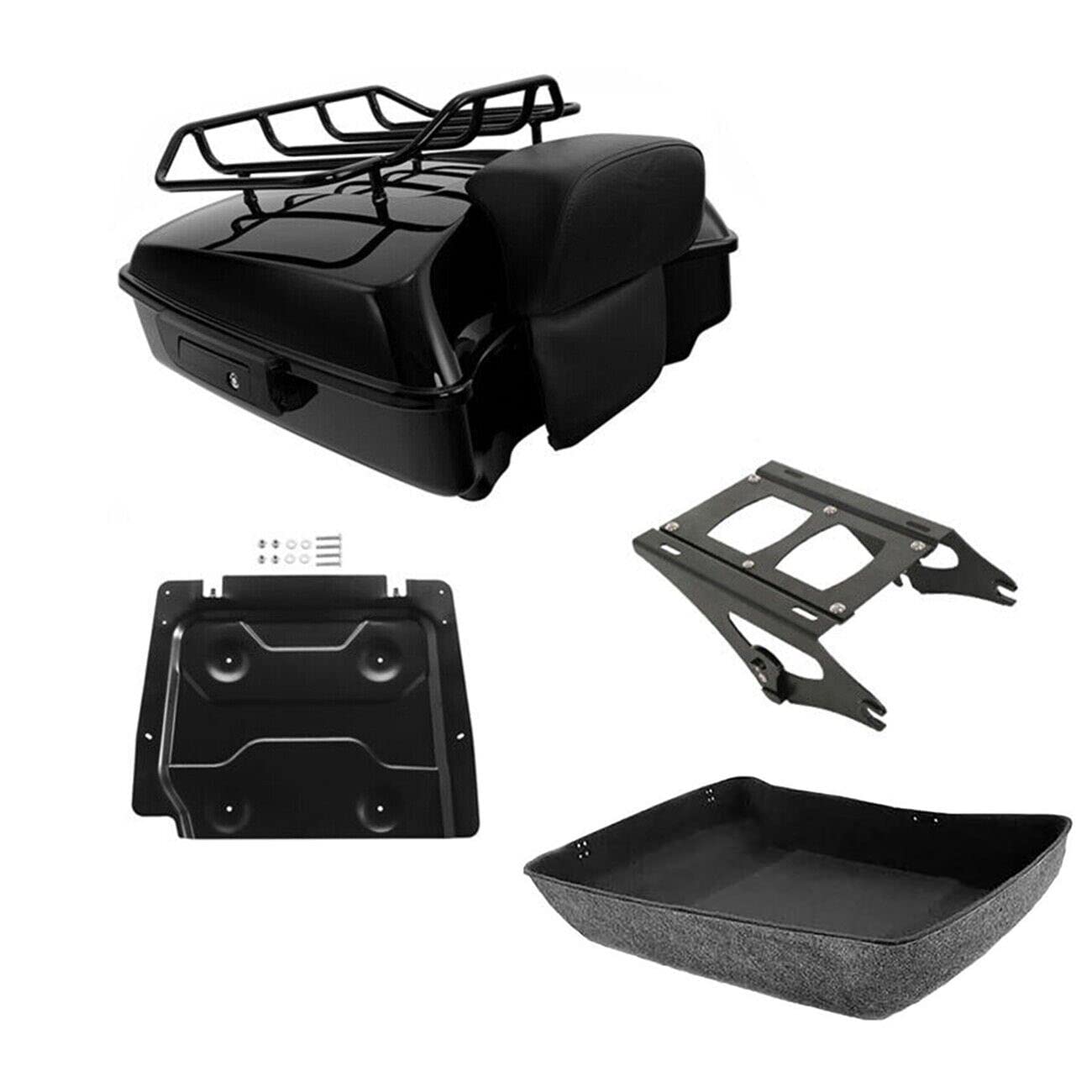 TCMT 10.7" Black Latches Chopped Motorcycle Trunk Backrest Pad Smoke LED Tail Light Fit For Harley 2014-2025 Street Glide Road King Electra Glide Ultra-Classic Pack