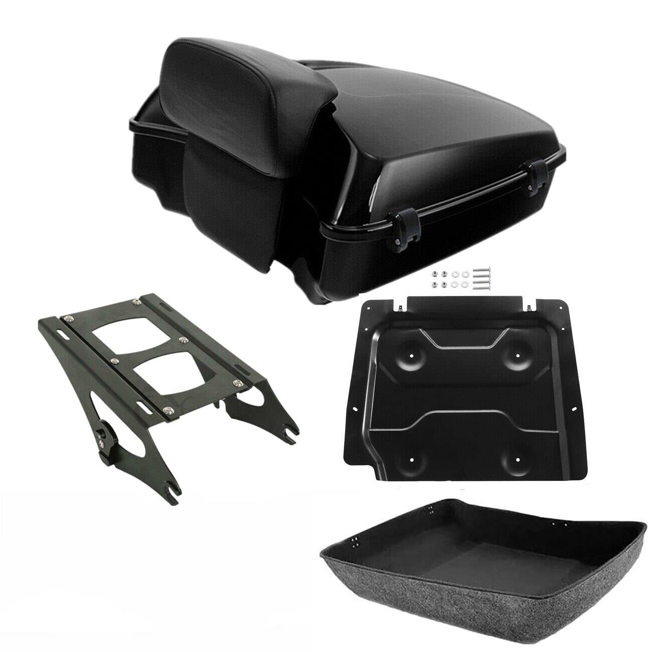 TCMT 10.7" Black Latches Chopped Motorcycle Trunk Backrest Pad Smoke LED Tail Light Fit For Harley 2014-2025 Street Glide Road King Electra Glide Ultra-Classic Pack