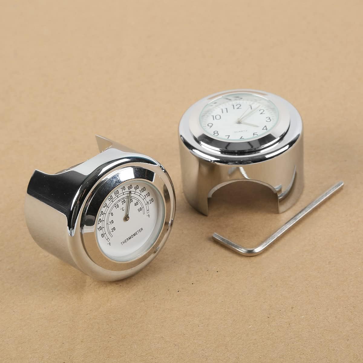 TCMT 7/8" 1" Motorcycle Handlebar Chrome White Dial Clock + White Temp Thermometer Waterproof Fits For Kawasaki VN Cruiser