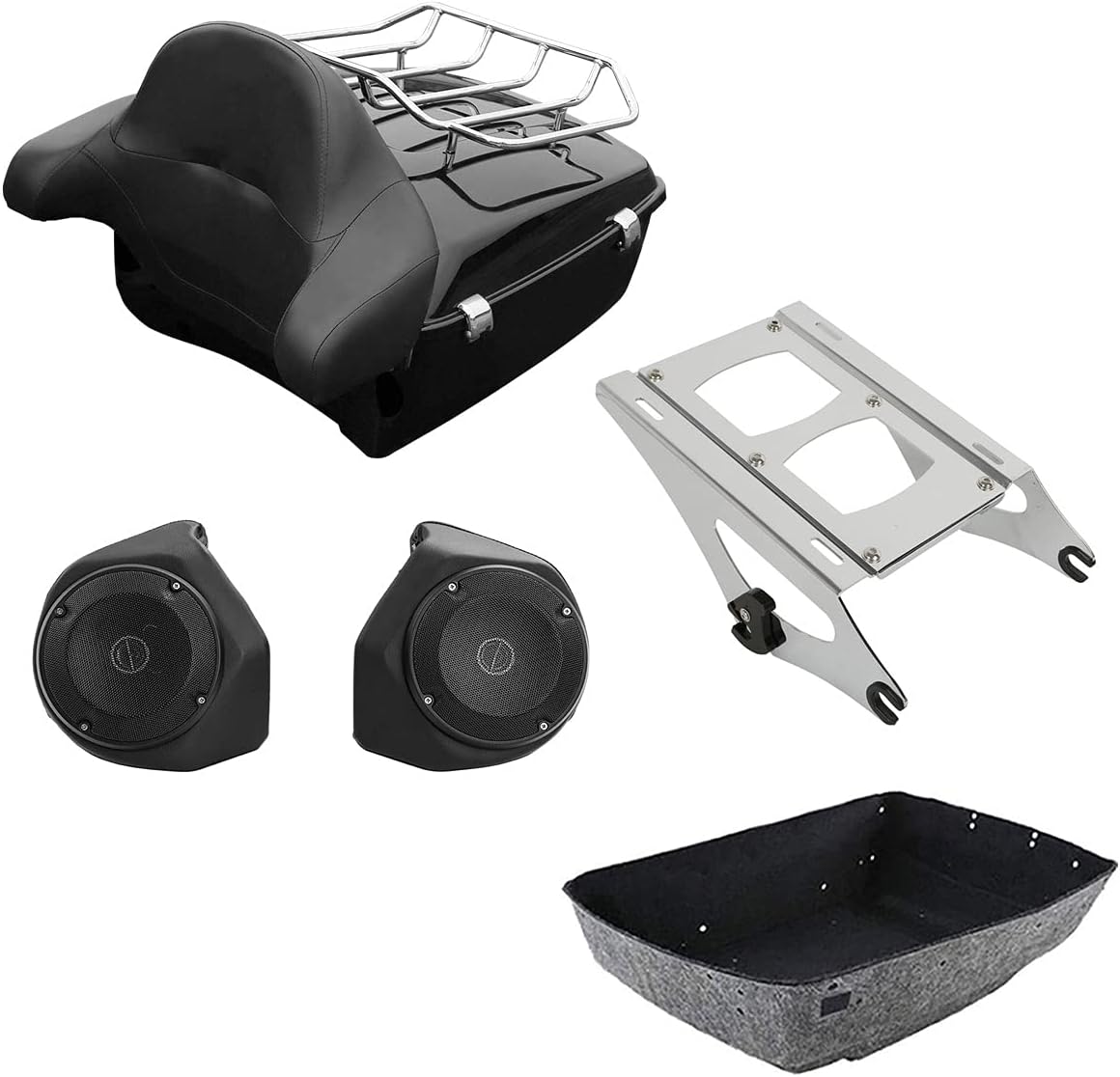 TCMT 13.7" King Motorcycle Trunk Box Backrest Pad Luggage Rack 2 Up Mount Rack Speakers Fit For Harley 2014-2025 Touring CVO Road King Road Glide Street Glide Electra Glide Pack
