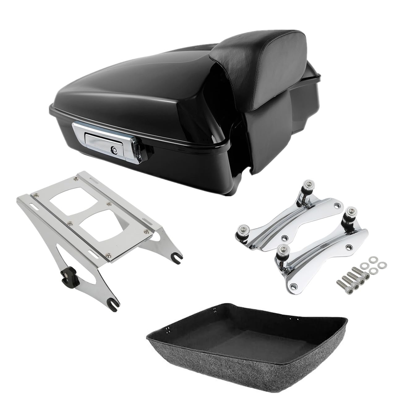TCMT 10.7" Black Latches Chopped Motorcycle Trunk Backrest Pad Smoke LED Tail Light Fit For Harley 2014-2025 Street Glide Road King Electra Glide Ultra-Classic Pack