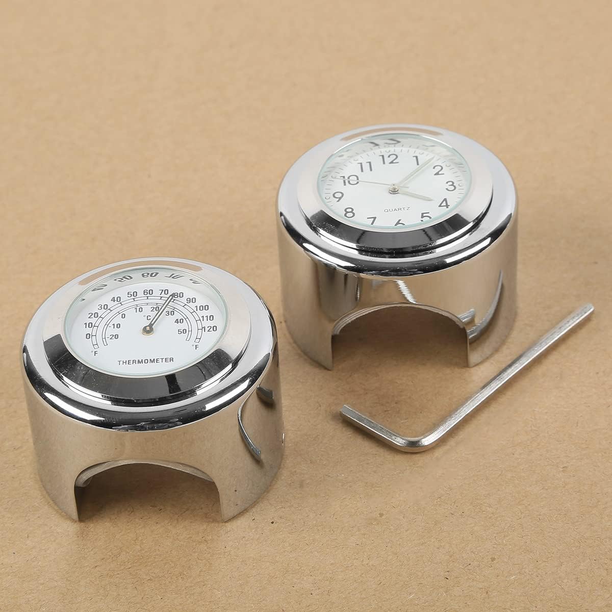 TCMT 7/8" 1" Motorcycle Handlebar Chrome White Dial Clock + White Temp Thermometer Waterproof Fits For Kawasaki VN Cruiser