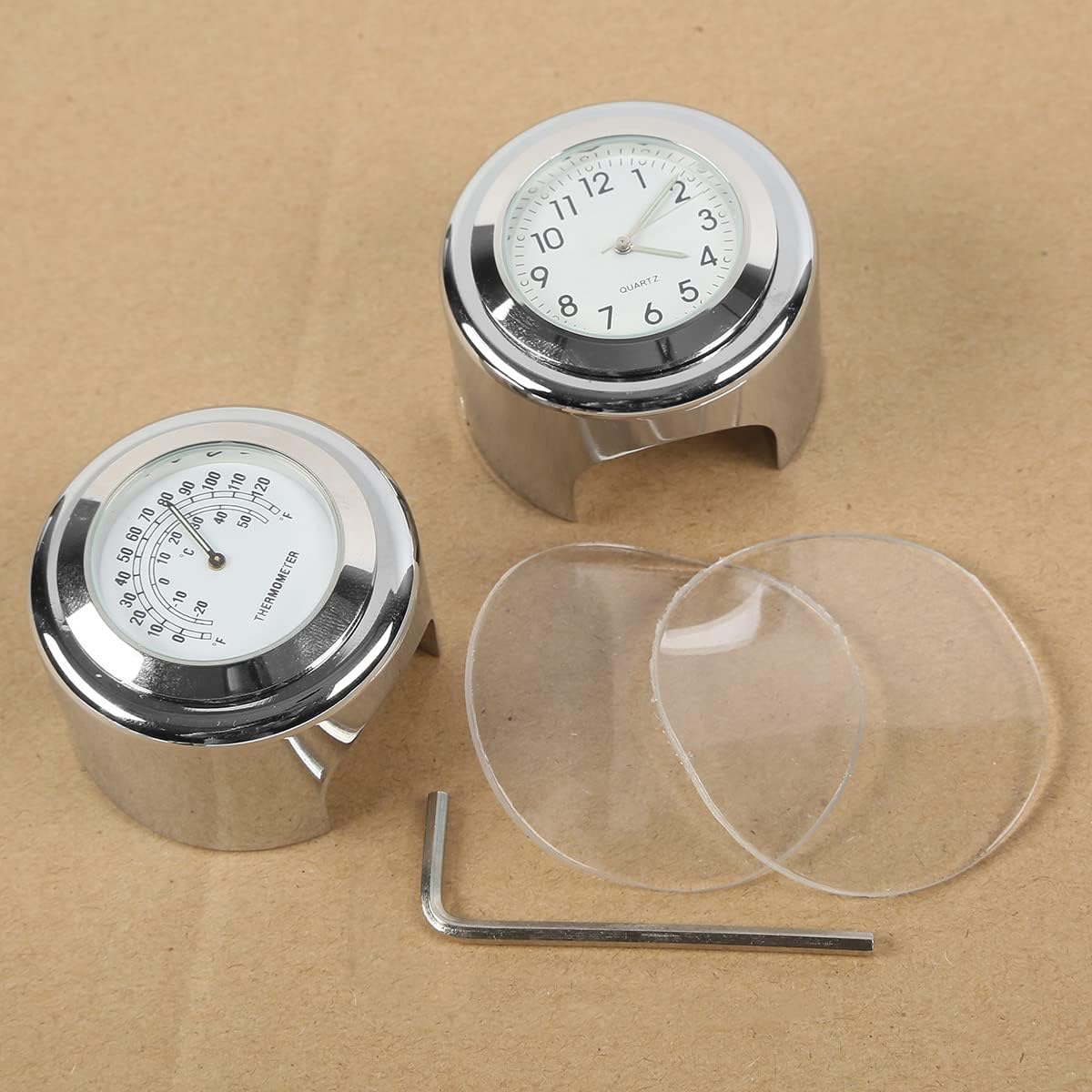 TCMT 7/8" 1" Motorcycle Handlebar Chrome White Dial Clock + White Temp Thermometer Waterproof Fits For Kawasaki VN Cruiser