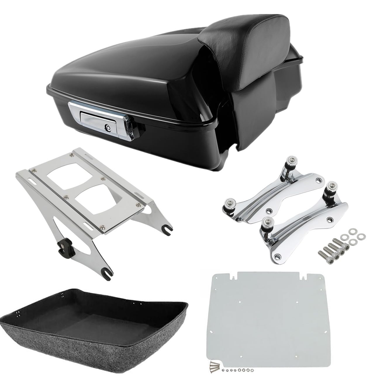TCMT 10.7" Black Latches Chopped Motorcycle Trunk Backrest Pad Smoke LED Tail Light Fit For Harley 2014-2025 Street Glide Road King Electra Glide Ultra-Classic Pack